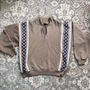 Vintage Bachrach Taupe Zip-Up Quarter Sweater Brown with Navy & White Accents